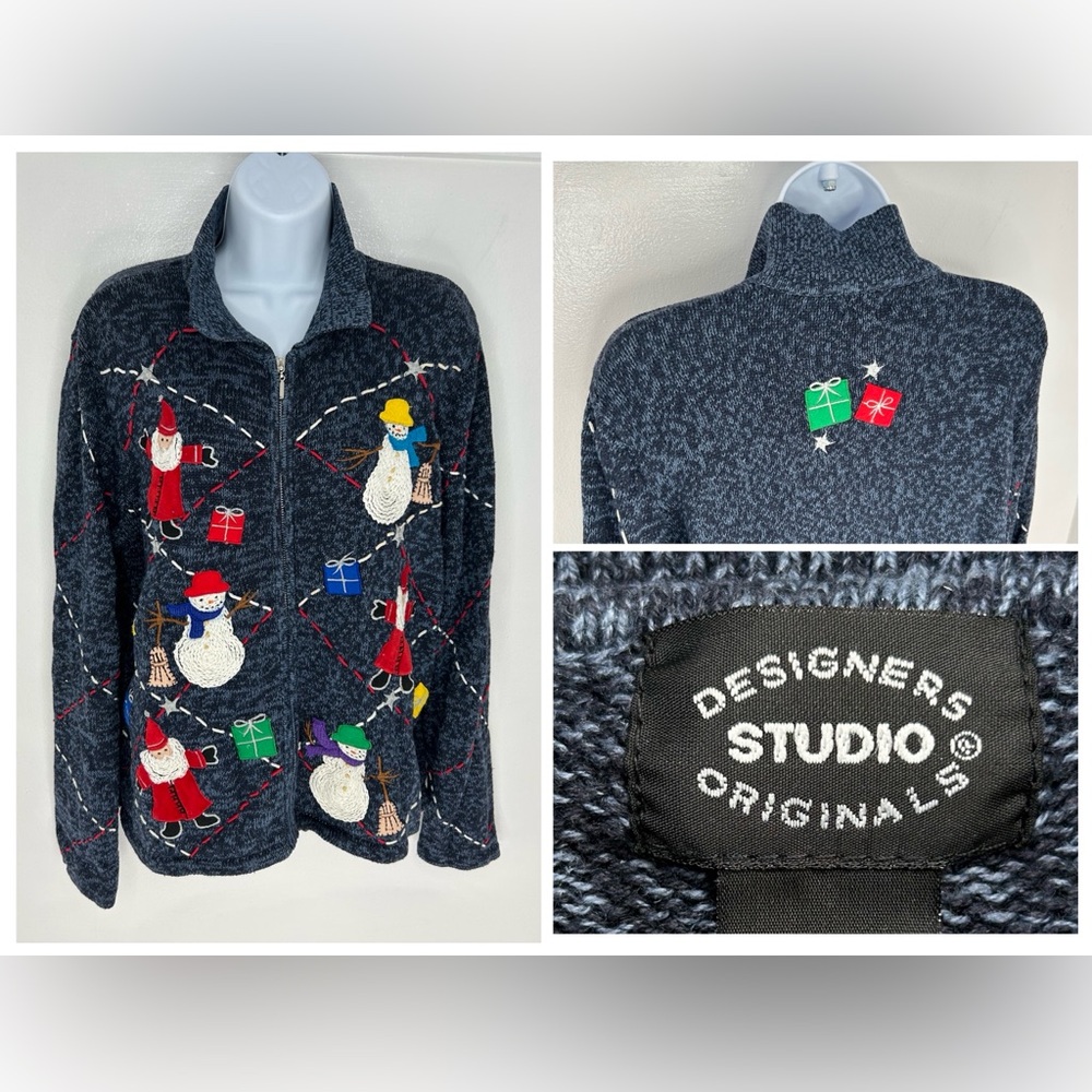 Designers Originals Christmas Snowman Santa Sweater‎ Size Large Full Zip Holiday